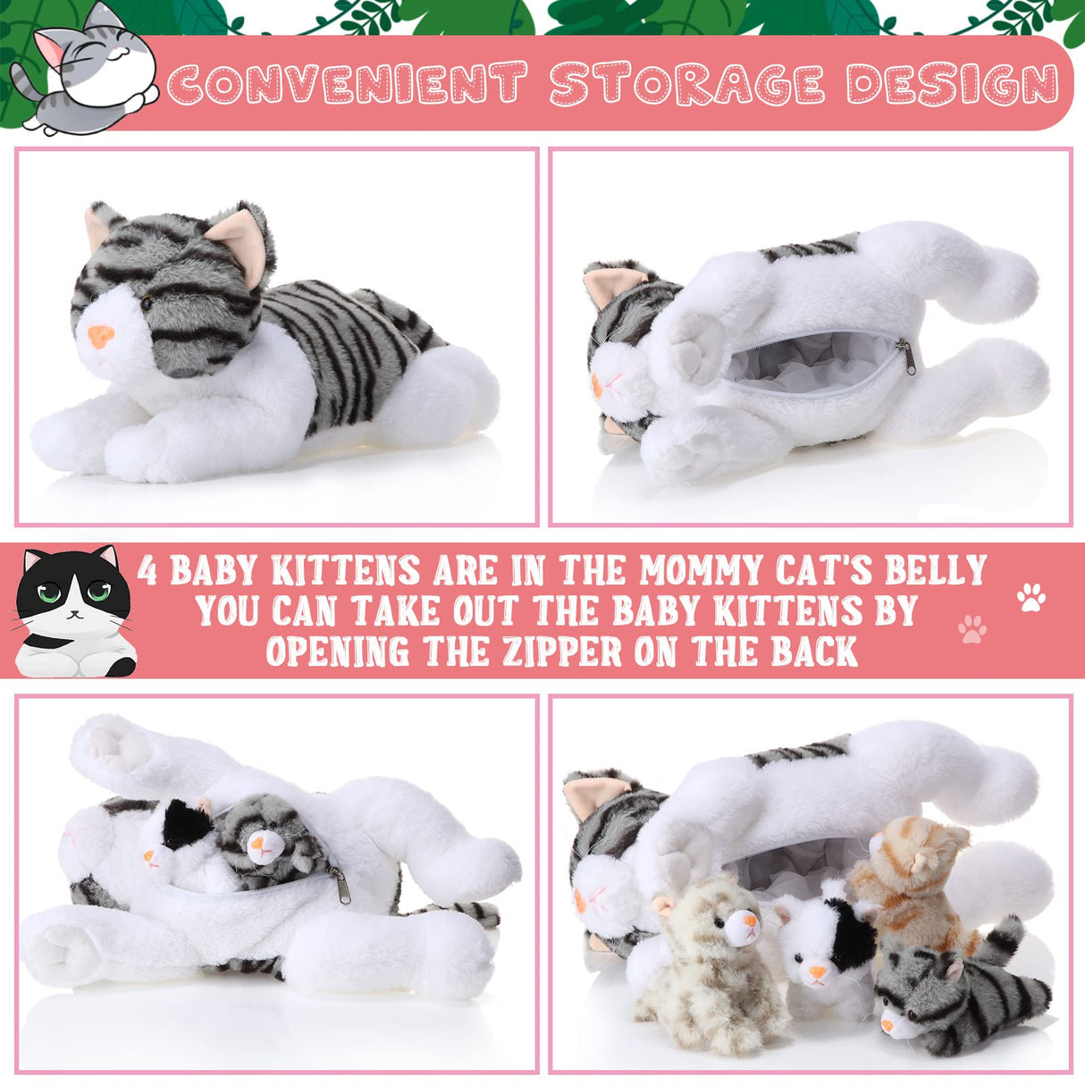 Skylety 5 Pieces Cat Stuffed Animal with Babies Inside Belly Plush Cat Pregnant Mommy Kitty with 4 Cute Fluffy Stuffed Kittens Christmas Birthday Surprise Gifts(Gray)