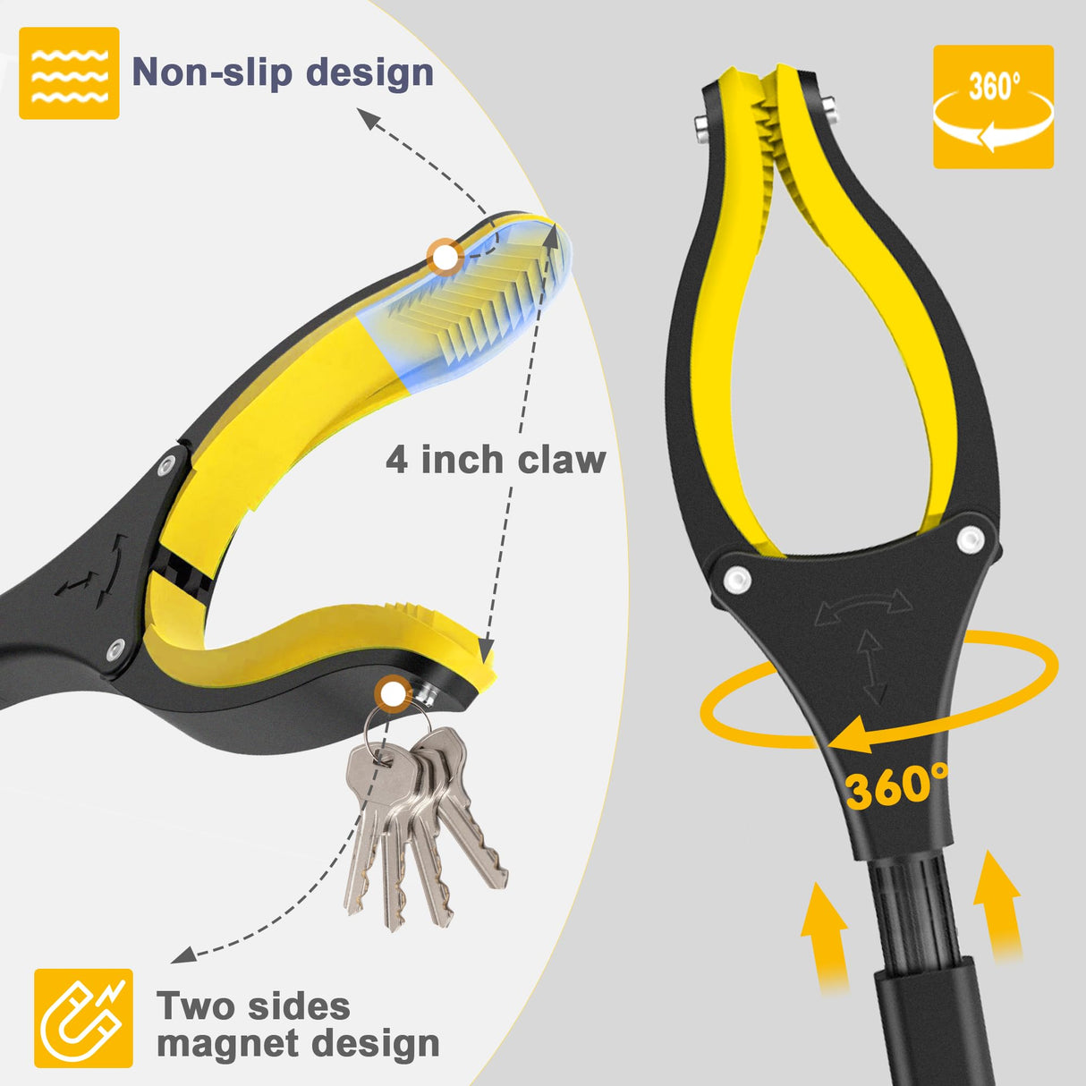48 Inch Extra Long Grabber Reacher Tool，Foldable Pick Up Stick with Strong Grip Magnetic，360°Rotating Anti-Slip Jaw 4" Wide Claw Opening,Hand Grabber for Reaching