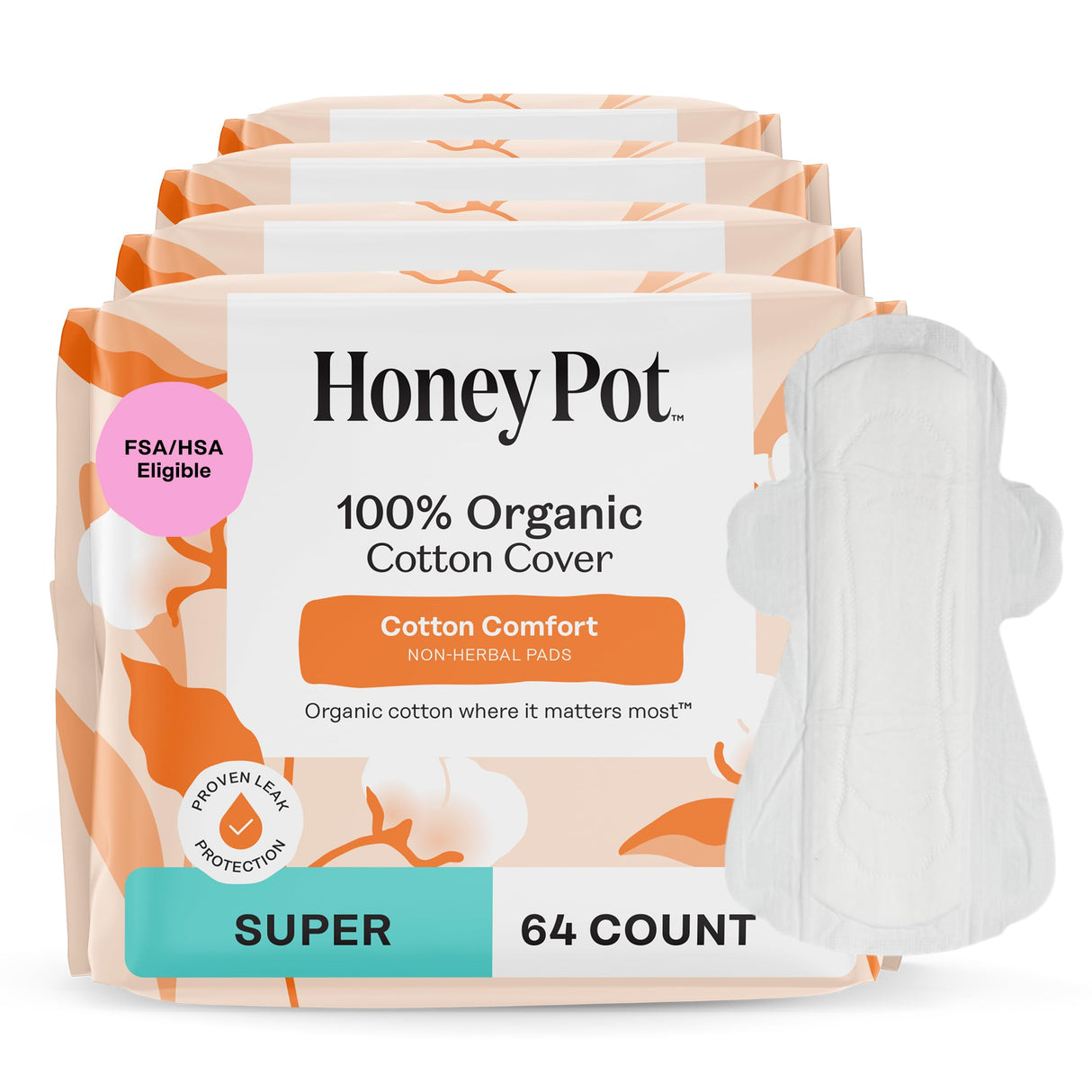 The Honey Pot Company - 64ct - Sanitary Pads for Women - Non-Herbal Super w/Wings - Organic - Cotton Cover, & Ultra-Absorbent Pulp Core - Feminine Care - FSA & HSA