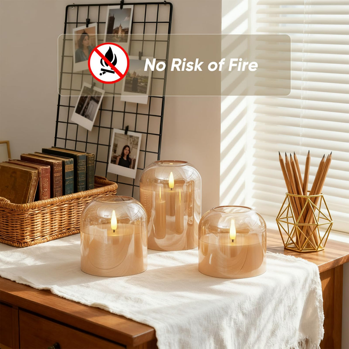 Homemory Glass Flameless Candles, Battery Operated Plliar Candles Realistic Flickering, LED Electric Light with Remote and Timer for Home, Christmas Decoration, Gold, Set of 3