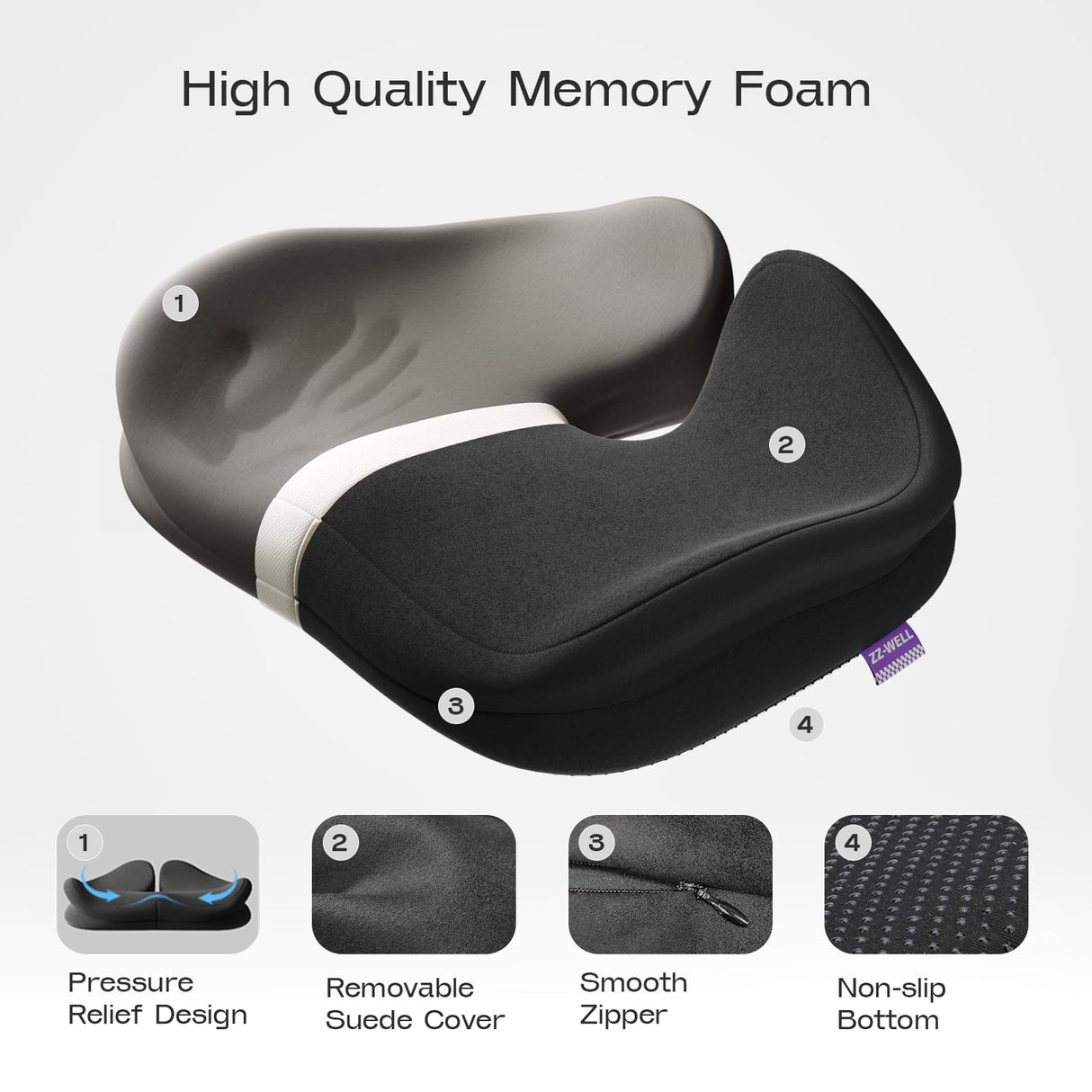 ZZ-WELL Seat Cushions for Office Chairs - Patented Coccyx Cushion for Tailbone Pain - 21.2" W x 16.5" L Extra Large Memory Foam Seat Cushion with Removable Cover