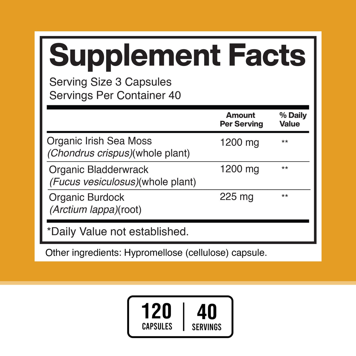 American Standard Supplements Organic Sea Moss, Bladderwrack & Burdock Root Capsules - 1200mg Sea Moss, 1200mg Bladderwrack, 225mg Burdock Root Per Serving - 120 Capsules, 40 Servings