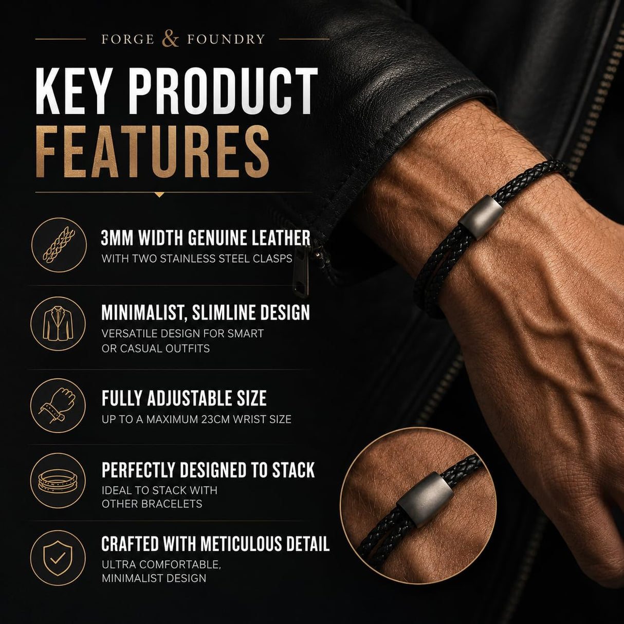 Forge & Foundry Trinity Men's Adjustable Black Braided Leather Bracelet