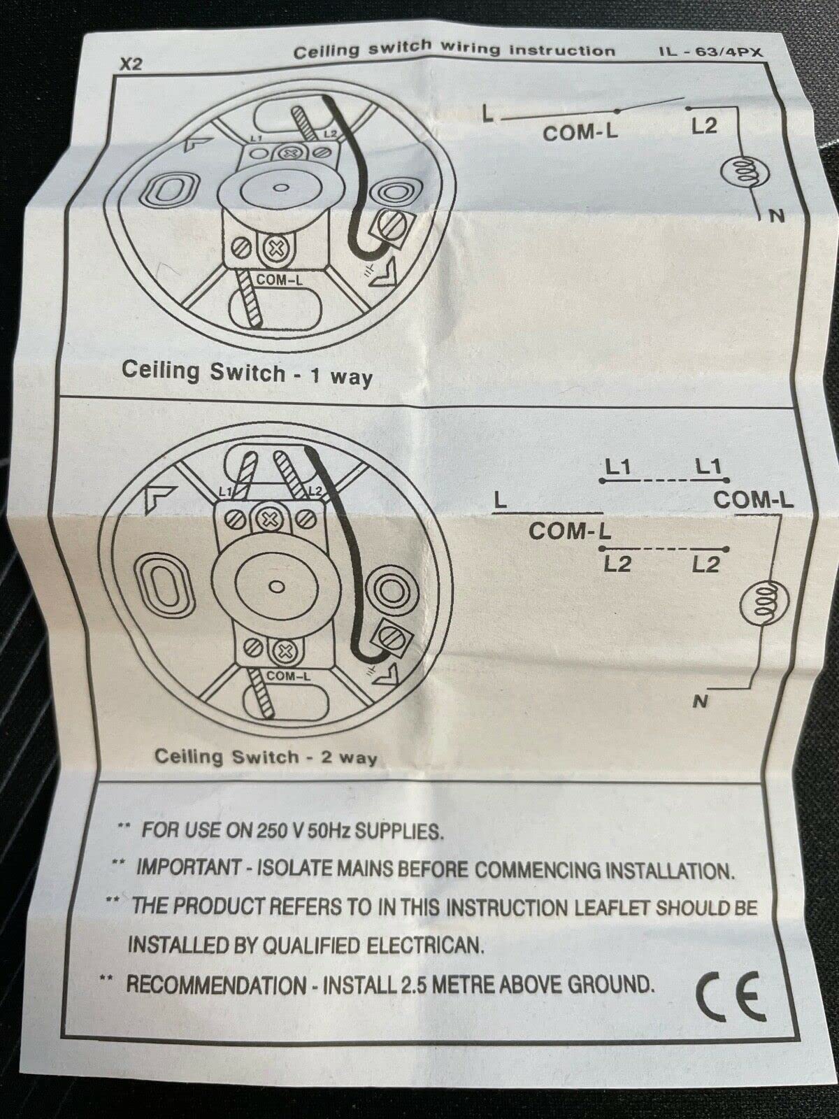 Taps2Traps™ Matt Black Bathroom Light Pull Switch With Black Cord & Toggle 2 Way 6A