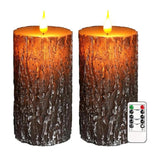 VEEKI Flameless Candles Lights, Set of 2 6"x3" Pine Bark Flickering LED Candles with Remote & Timer, Dimmable Pillar Candles Battery Operated, Real Wax Electric Candle for Christmas Winter Home Decor