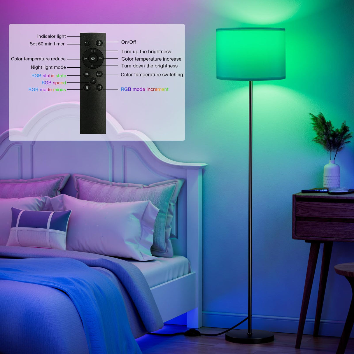 Ambimall Floor Lamp for Living Room with Smart Light Bulb, RGB + Stepless Dimmable Colors Temperature & Brightness(White Shade & Black Pole)