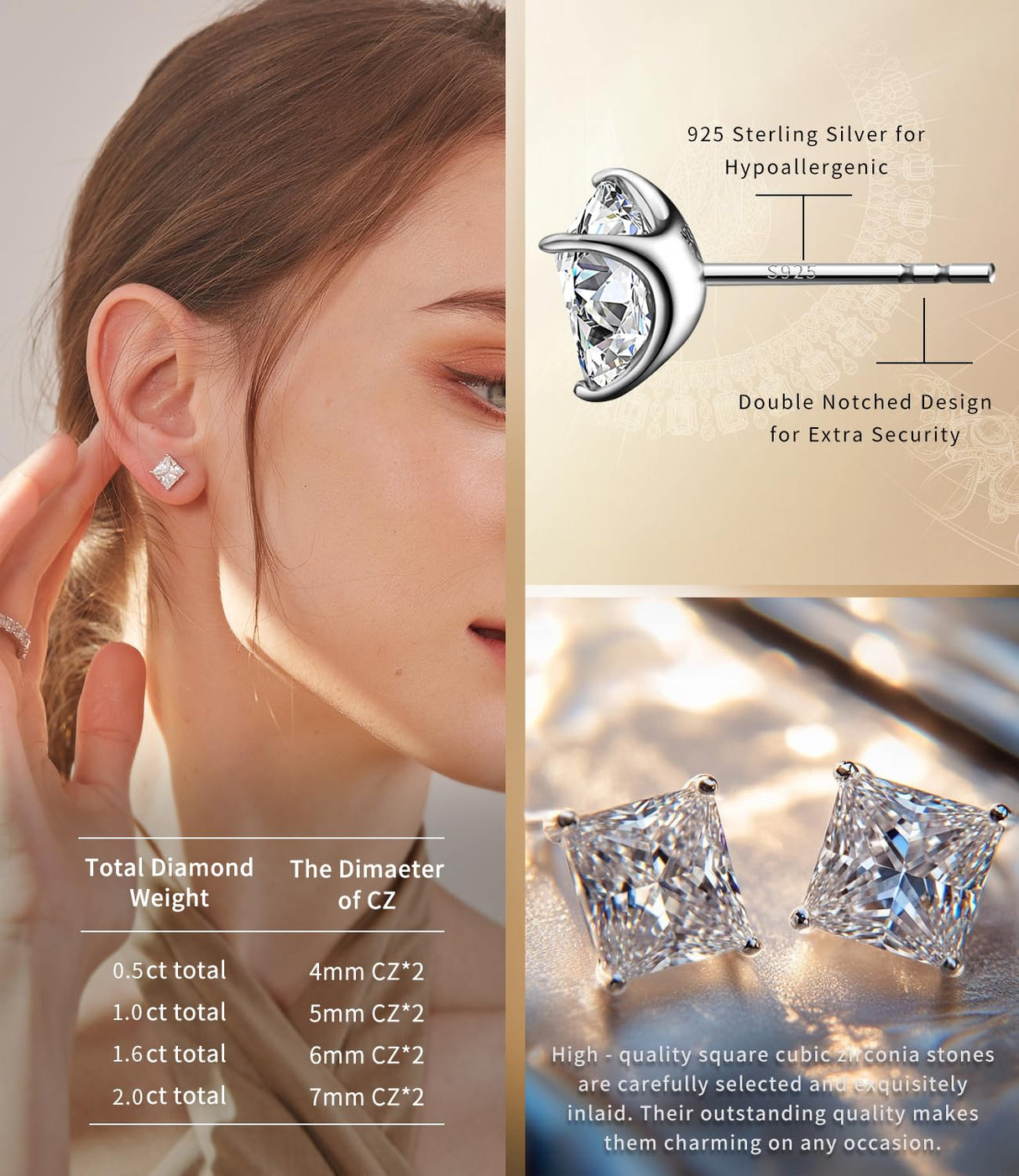 ”STUNNING FLAME“ 18K Gold Plated Sterling Silver Princess Cut Cubic Zirconia Stud Earrings for men women(w-7)