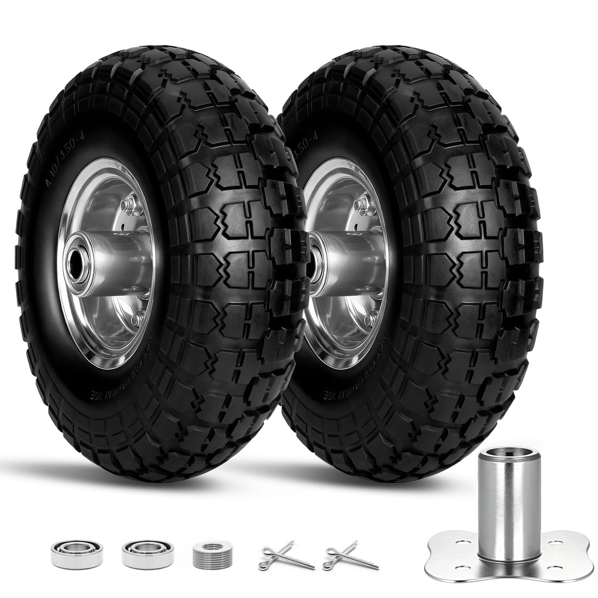 4.10/3.50-4 Flat Free Tire Wheels 10 Inch, (2 PICK) Solid Rubber Puncture Proof Airless Wheels with 5/8" Bearings 2.2" Offset Hub for Hand Truck, Dolly Gorilla Cart, Wheelbarrow, Outdoor Utility Cart