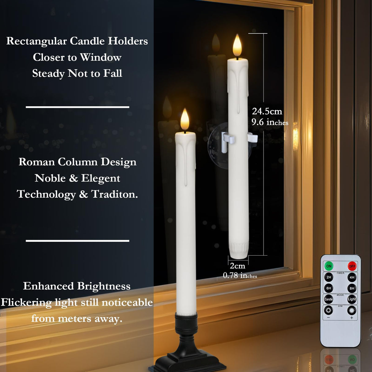 Homemory 6 Pcs Window Candles with Remote Timer Dimmer, Battery Operated Candlesticks with Holders and Suctions, White LED Christmas Candle for Window Xmas Holiday Decor