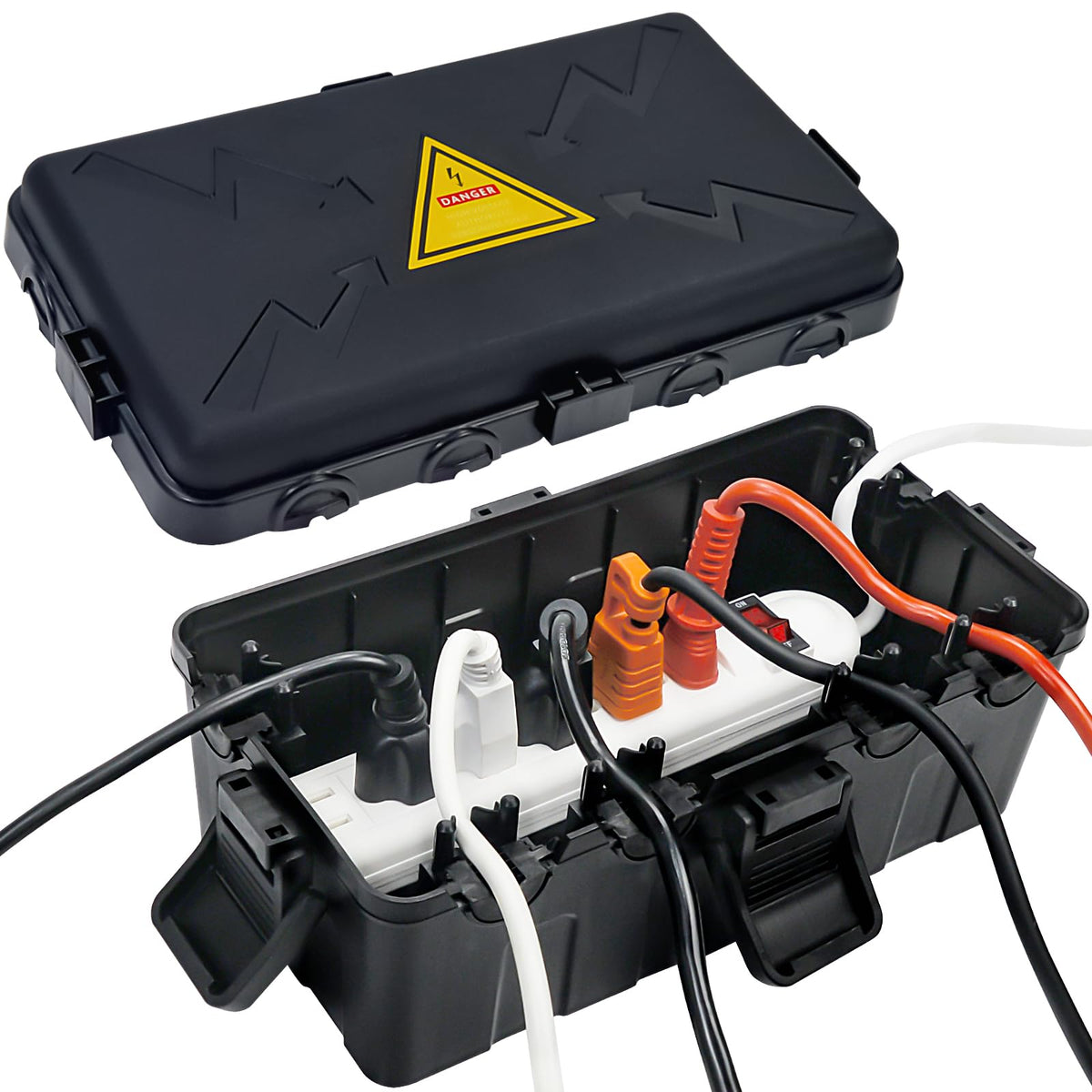 Hrensaw Medium Outdoor Electrical Box(10.6x5.5x4.5inch),Weatherproof Connection Box w/6 Cable Entry,IP54 Waterproof Extension Cord Cover Protect Power Strip,Timer,Plug,Holiday Lights,Black