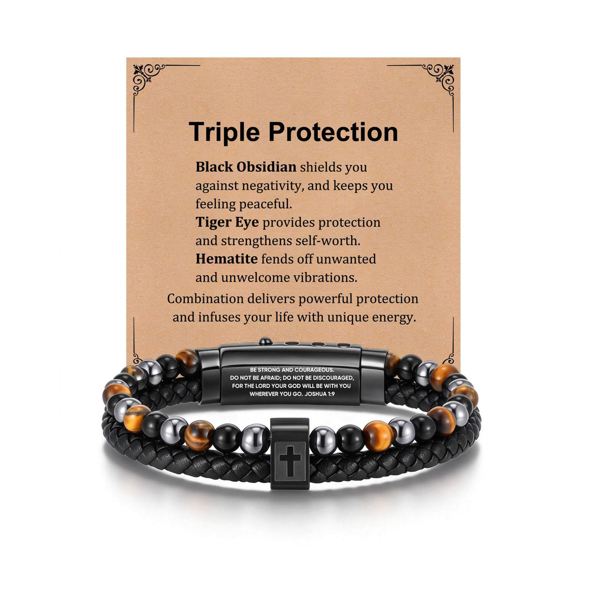 Fathers Day Cross Bracelet Gifts for Men Him - Triple Protection Healing Hematite Black Obsidian Tiger Eye Beaded Rosary Bracelets, Faith Religious Catholic Christian Communion Gift, Joshua 1:9