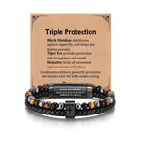 Fathers Day Cross Bracelet Gifts for Men Him - Triple Protection Healing Hematite Black Obsidian Tiger Eye Beaded Rosary Bracelets, Faith Religious Catholic Christian Communion Gift, Joshua 1:9