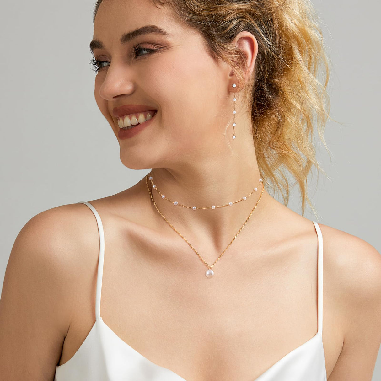 HERIER Gold Jewelry Set for Women Dainty Pearl Necklace for Women 14K Gold Plated Pearl Necklace and Earring Set Drop Earrings Bracelets Trendy Bride Jewelry