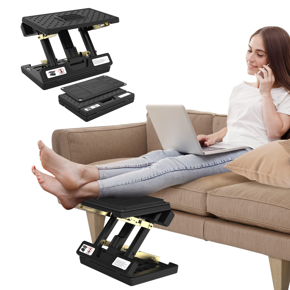 Vhelyom Foot Rest for Under Desk at Work, Height Adjustable Footrest with Massage Roller and Soft Pad, Foldable Ergonomic Foot Rest for Car, Underdesk, Home, Train(Black)