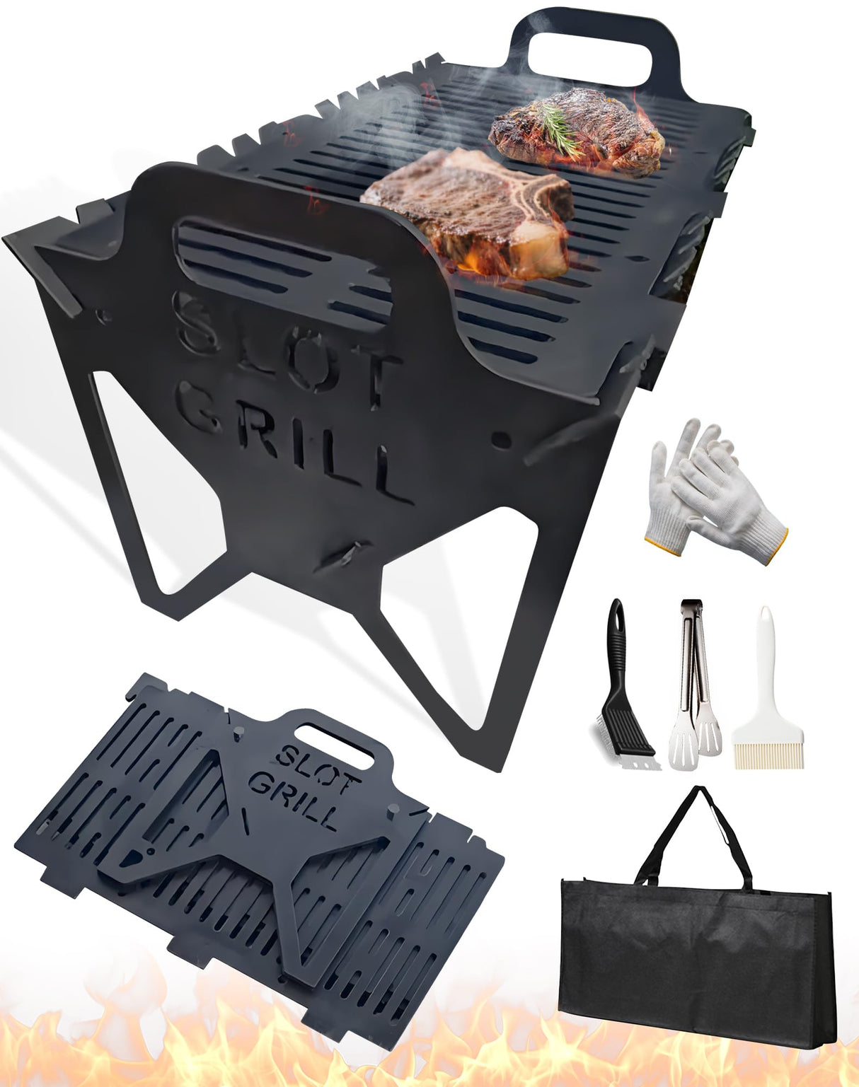 Slot Grill - Collapsible Bbq Grill For Easy Storage Steel, Stainless Steel Portable Slot Grill Collapsible Bbq Grill For Travel, Party, Large Cooking Surface, Adjustable Tool-Free Assembly