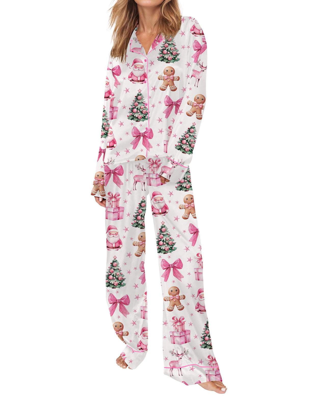 SHESHOW Satin Christmas Pajamas for Women Long Sleeve Winter Pjs Cute Bow Christmas Pajamas Sets L