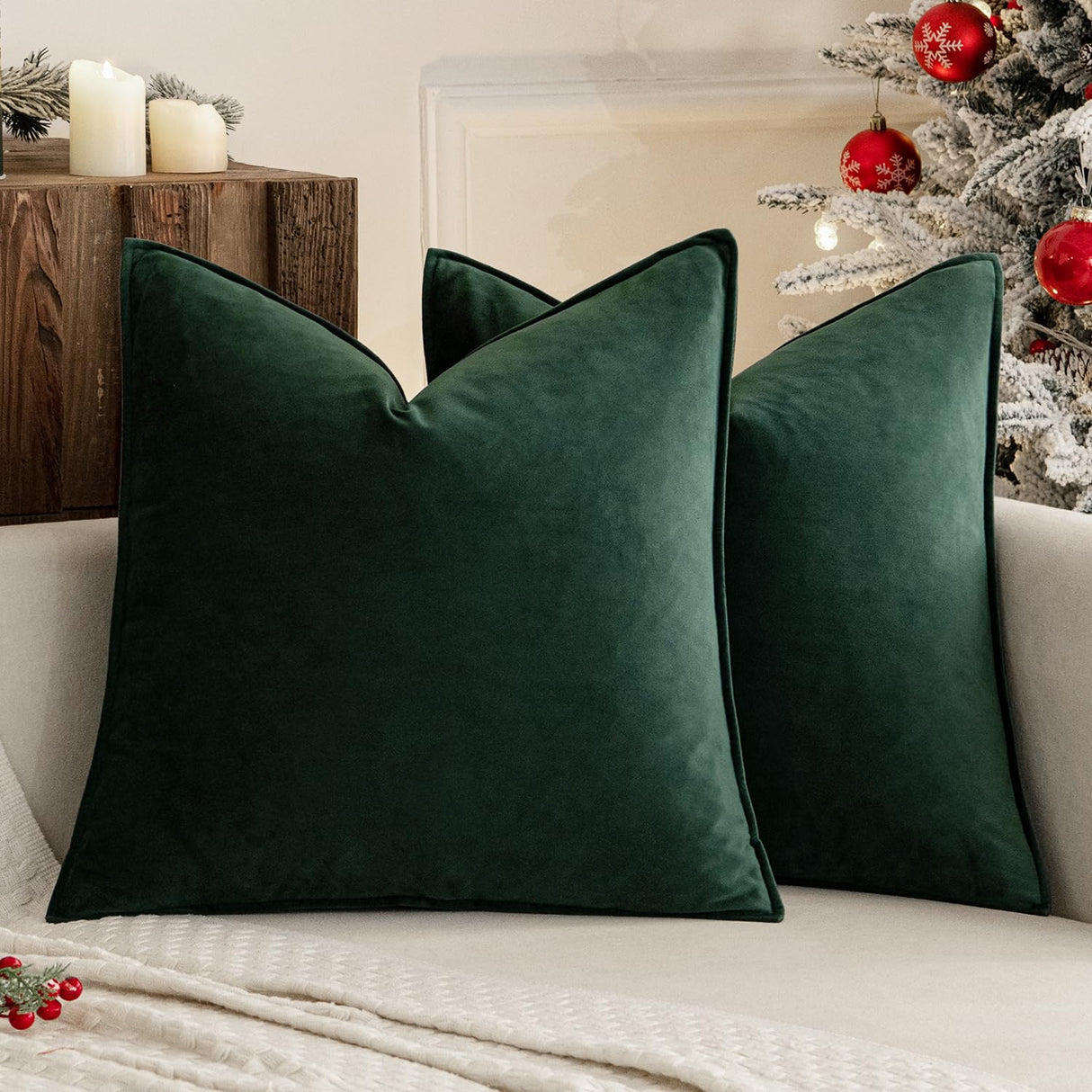 MIULEE Pack of 2 Christmas Decorative Velvet Throw Pillow Cover Soft Pillowcase Solid Square Eruo Sham Cushion Case for Winter Sofa Bedroom Car 24x24 Inch 60x60 Cm Army Green