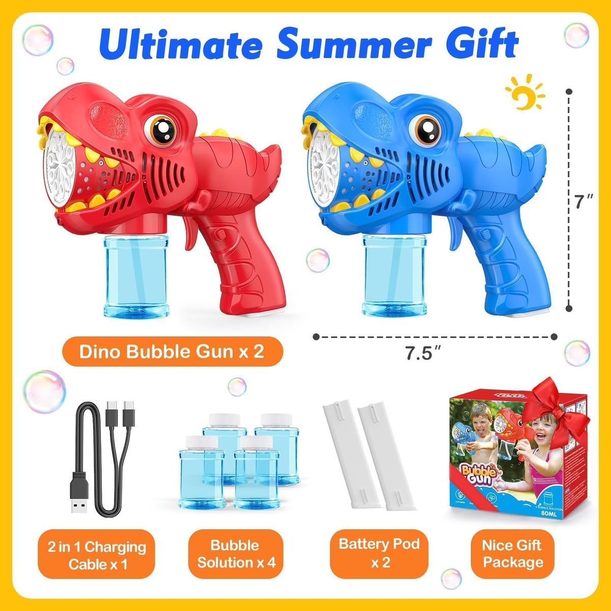 Yunaking Bubble Machine Gun 2 Pack Rechargeable Kids Toys Gift Ages 3-5 4-8