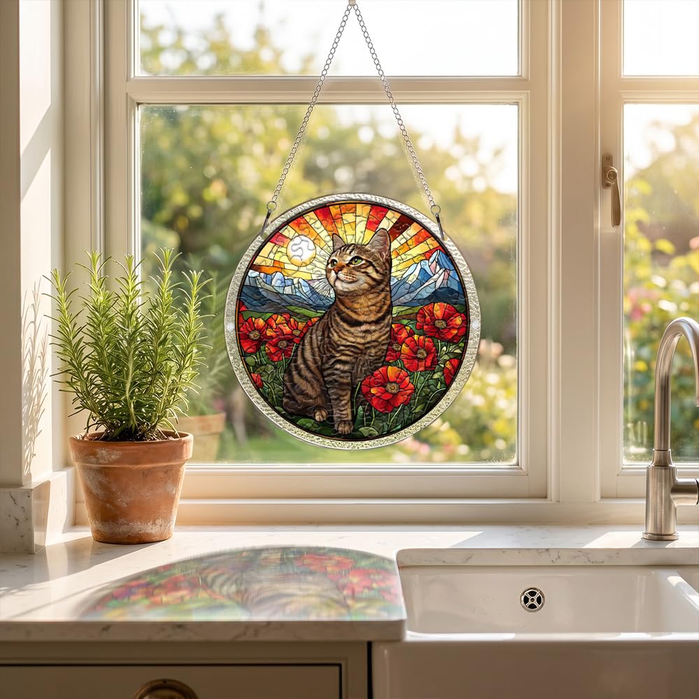 zhuoyaju Acrylic Puzzle Suncatcher, Cat & Flower Stained Glass Window Hanging, Sun Catcher Puzzle Kit Home Garden Decor, Creative Mothers Day and Birthdays Gifts for Mom, Wife, Sisters, 7.87 inch