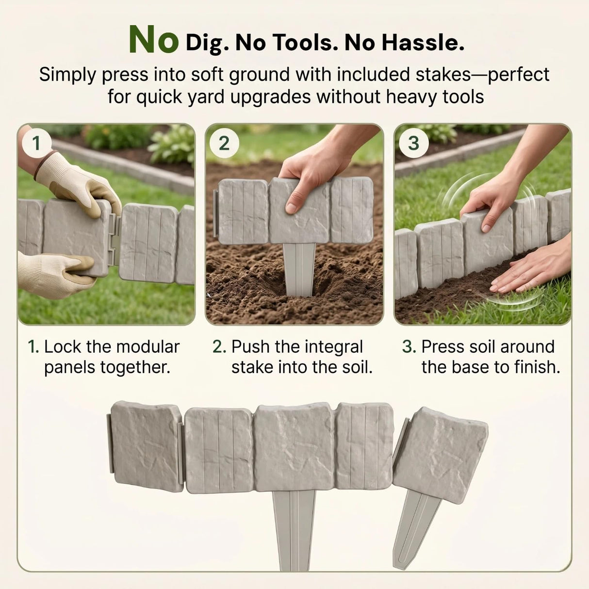 Imitation Stone Garden Fence - DIY Garden Edging Border, 2026 New Plastic Garden Retaining Fence, Interlocking No Dig Decorative Garden Fence with Stakes, for Yard, Patio, Outdoor (Gray, 30pcs)