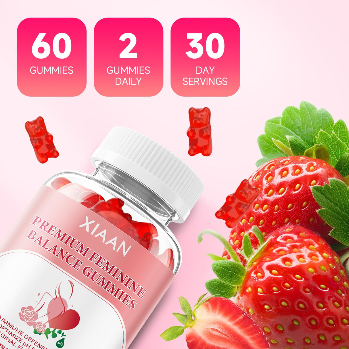 XIAAN Feminine Balance Gummies for Women, 2 Pack Premium Feminine Balance Gummies Support PH Balance & Vaginal Health, Vegan, Gluten-Free, Strawberry Flavor