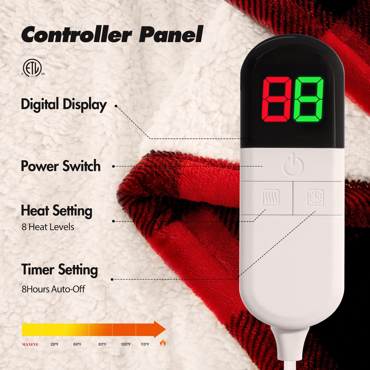 Electric Heated Sherpa Buffalo Plaid Christmas Throw Blanket with 8 Heating Levels & 8 Hours Auto Off, Fast Heating Warm Plush Washable Blanket with Over-Heat Protection, ETL Certification, Red