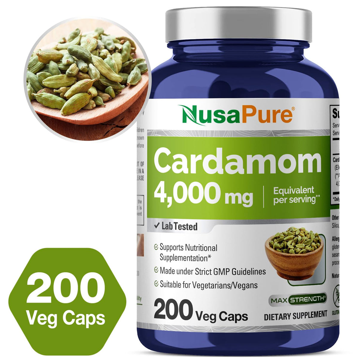 NusaPure Cardamom 4:1 Extract, 1000 mg Equivalent to 4,000mg 200 Vegetarian Capsules (Non-GMO, Vegan)