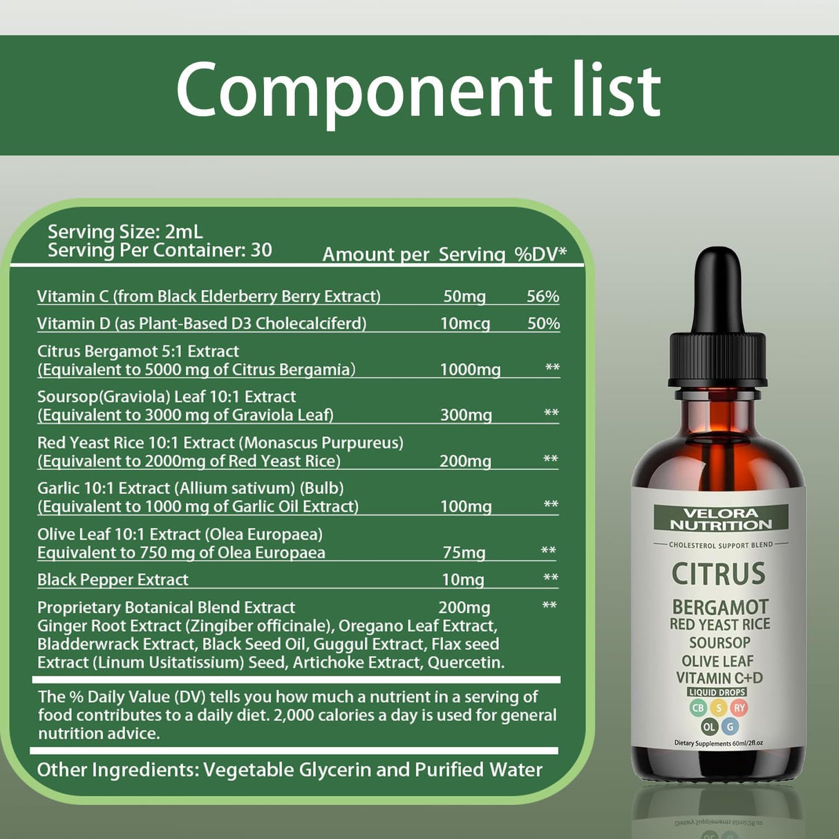 velora Red Yeast Rice Cholesterol Cleans Drops with Citrus, Bergamot, Red Yeast Rice, Soursop, Olive Leaf, Vitamin C+D, Natural, Non-GMO, Vegan 2 fl oz (1pc)