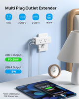 TROND Outlet Extender with 360° Rotating Plug, 6 AC Outlet Splitter with On/Off Switch, Multi Plug Adapter with PD 20W USB C, 2 USB-A & 2 USB-C, 3 Way Wall Extension Outlet for Home Office Travel