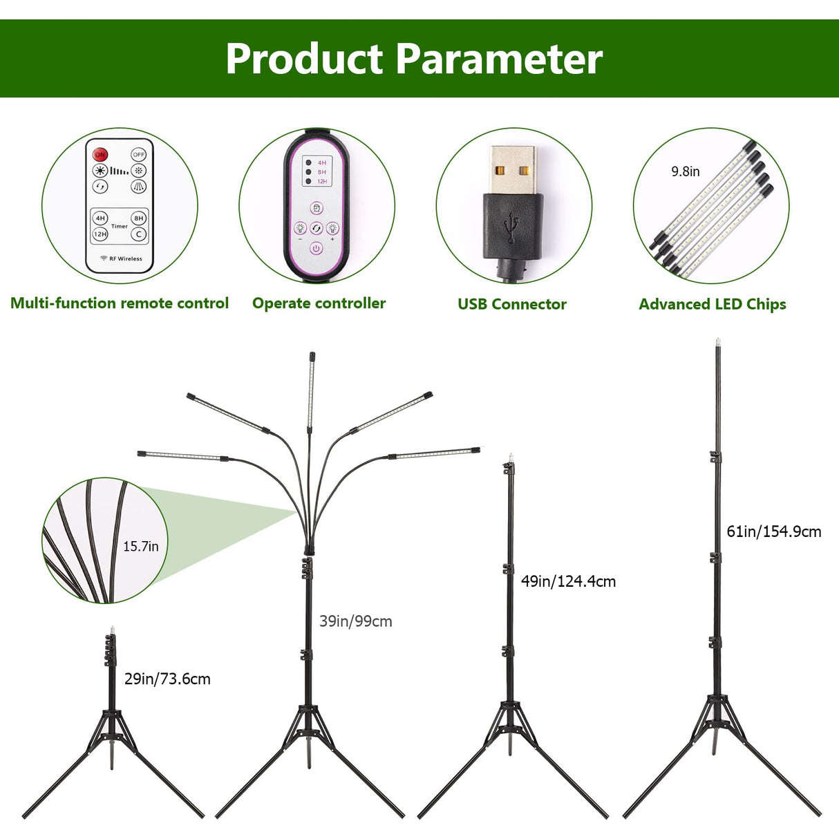 Grow Light for Indoor Plants, 5-Head Full Spectrum LEDPlant Light with 3 Light Modes, 10 Brightness Levels, Remote Control, Height Adjustable 29-61Inch Growing Lamp for Seedlings,Flowers (5head)