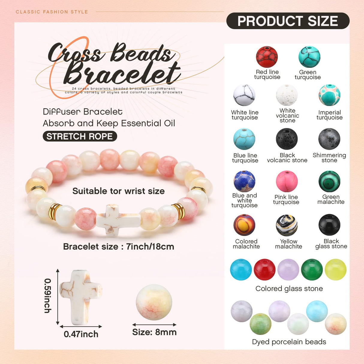 Huquary 24 Pcs Cross Beaded Bracelets, 8mm Christian Stone, Stylish