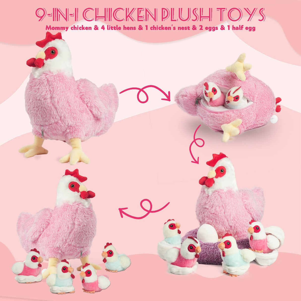 9 in 1 Chicken Stuffed Animal Set, Stuffed Chicken Toys for Kids Egg Laying Hen with Coop, Baby Chicks Plush Chickens and Eggs for Girls Kids Christmas Birthday Easter Gifts Farm Party Decor (Pink)