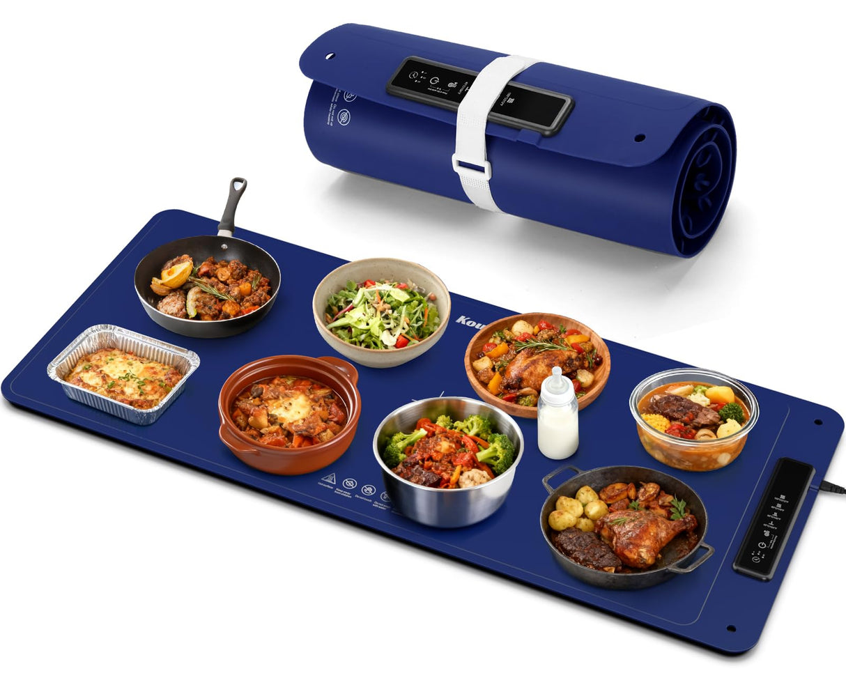 Kourice Extra Large Warming Mat for Food, 36"x15.75" Food Warmer Chafing Dishes for Buffet, Food Warming Mat, Food Warmers for Parties Buffet, 4 Level Temp 1/3/5Hour Timer 420W (Blue)