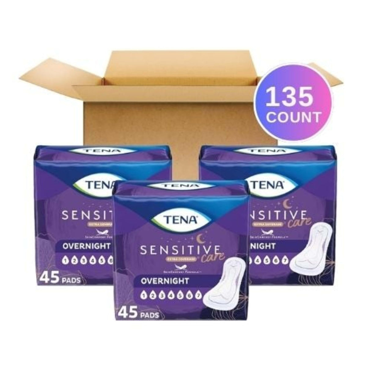 TENA Sensitive Care Incontinence Pads, Bladder Control, Postpartum for Women, Overnight Absorbency, Extra Coverage, 135 Count