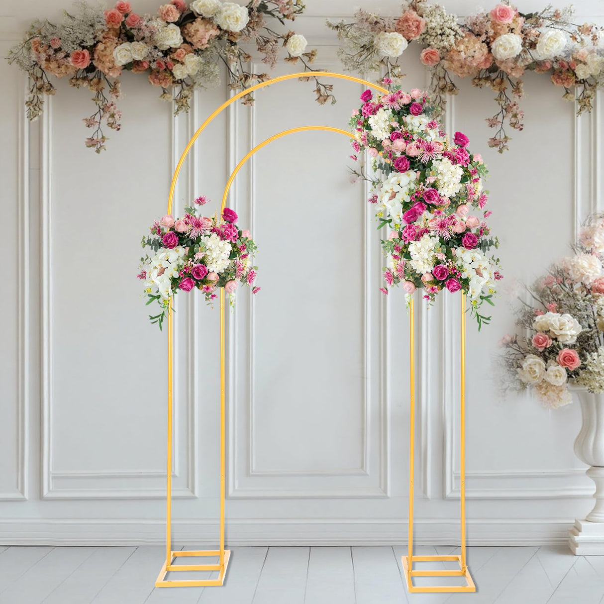 Open Arch Backdrop Stand Gold Metal Double Arch Backdrop Stand U Shaped Frame 7.2ft×4.4ft Flower Arches for Wedding Ceremony Baby Shower Birthday Garden Arch Party Decorations