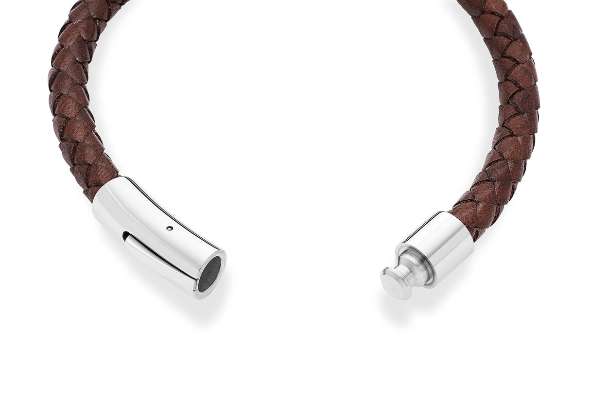 Miabella Genuine Italian Braided Leather Bracelet for Men, Stainless Steel Clasp, Made in Italy (Brown, Medium - 8" Length)