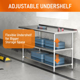 HOCCOT Stainless Steel Prep Table 24" X 60" with 2 Adjustable Undershelves, Backsplash and Wheels, Commercial Metal Workstations for Kitchen, Garage, Outdoor BBQ