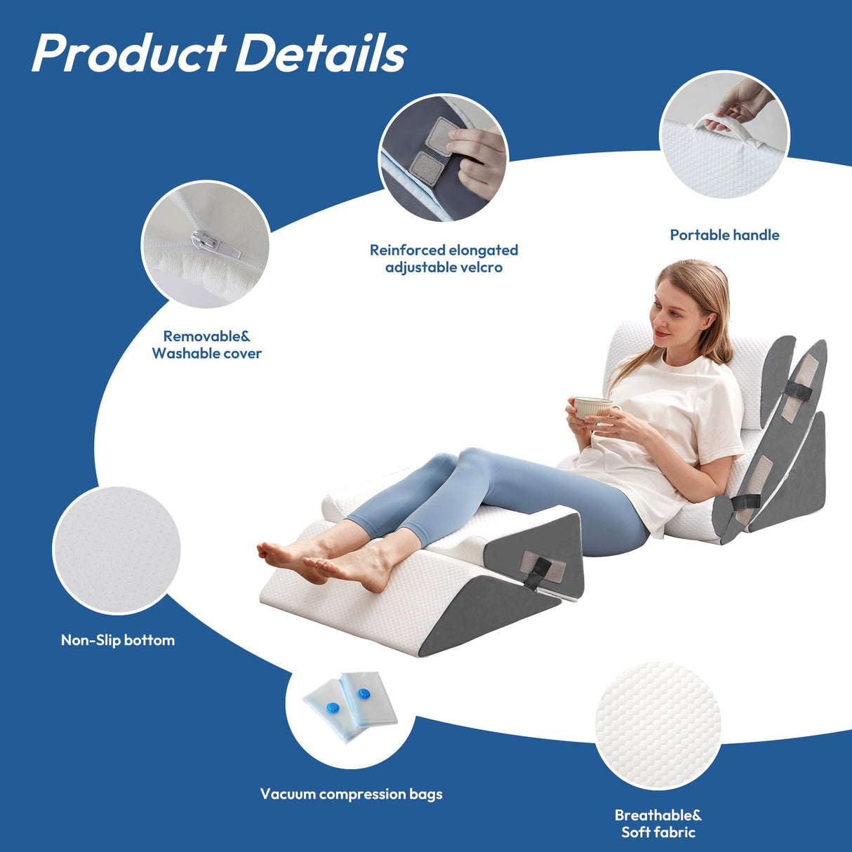 Ahpmeoa 6PCS Wedge Pillow Set for After Surgery, Bed Wedge Pillow Post Surgery, Wedges Pillows for Back Pain Relief, Acid Relux, Sit Up Pillow for Beds, Beds Wedges & Body Positioners, White/Grey