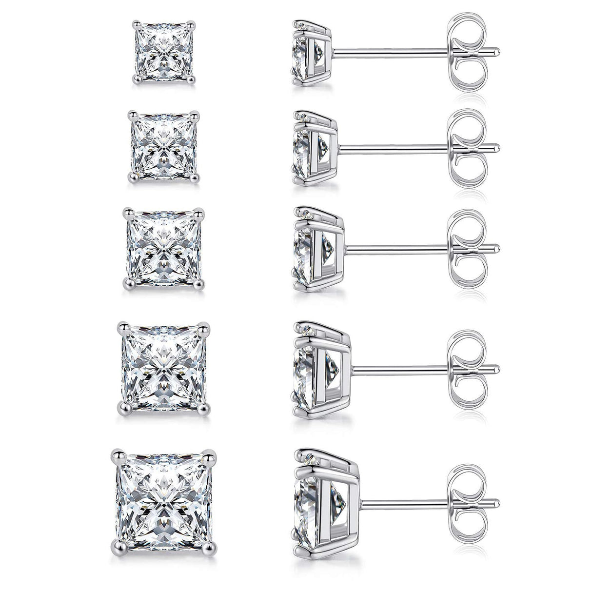 MDFUN Princess Cut Cubic Zirconia Stud Earrings for Women Men,5 Pairs