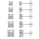 MDFUN Princess Cut Cubic Zirconia Stud Earrings for Women Men,5 Pairs