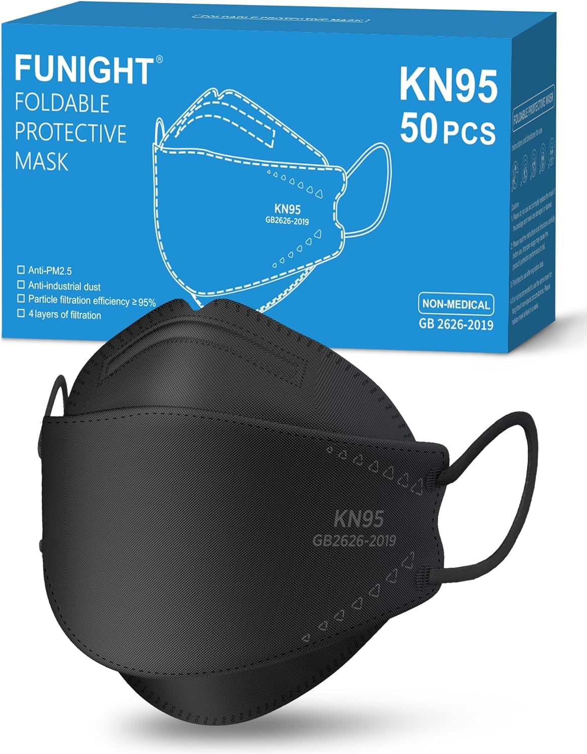 Funight KN95 Face Masks 50 Pack for Adults, Breathable and Comfortable KN95 Mask with Elastic Ear Loop, Filter Efficiency≥95%, Black