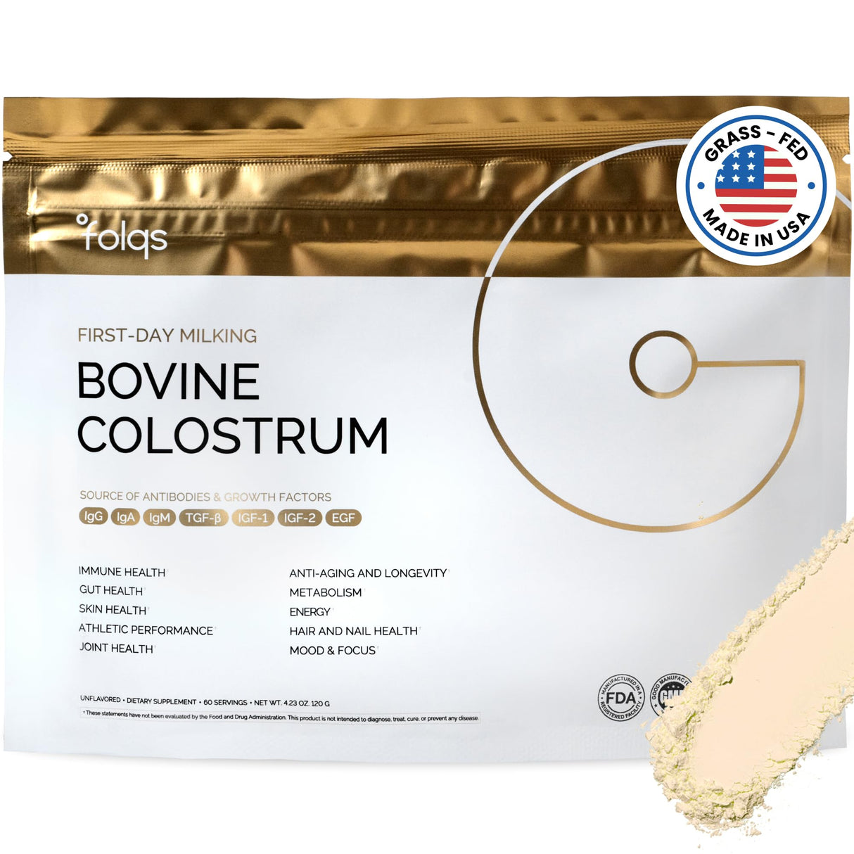 Folqs Bovine Colostrum Powder – First-Day Milking for Immune & Gut Support – 60 Servings – Supports Skin & Tissue Health – Made in USA - Amino Acids, Vitamins, Minerals – Kosher - Sustainably Sourced