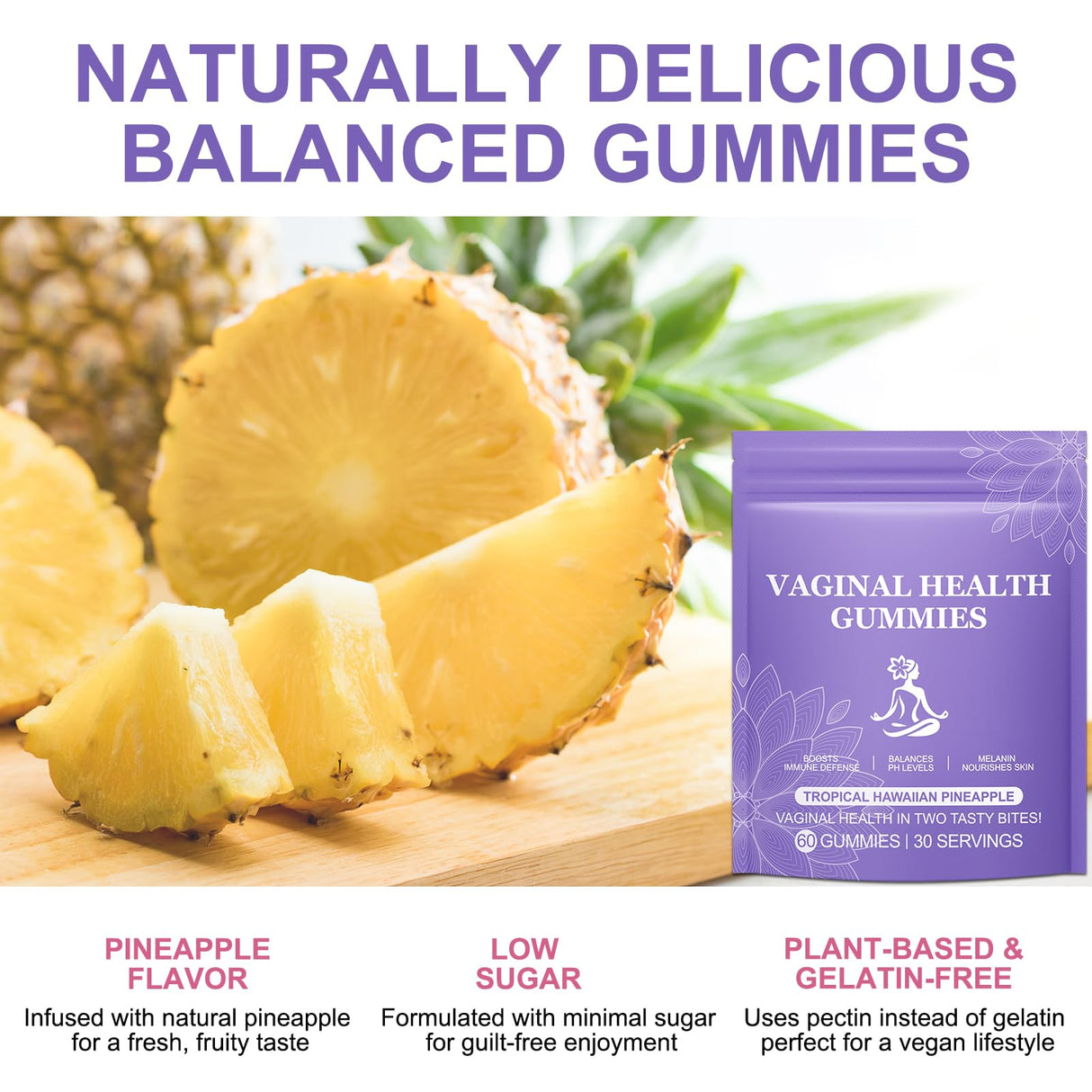 120 Count Vital Natural Vaginal Probiotics Source Feminine Gummies, PH Balance for Women, Improve Immune, Hawaiian Pineapple Flavor, Vegan & Low Sugar, Premium Balance Gummies
