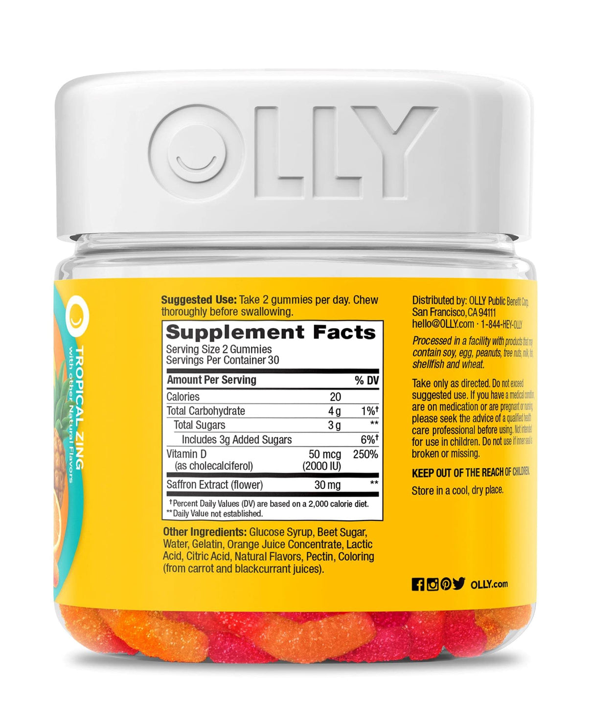 OLLY Hello Happy Gummy Worms, Mood Balance Support, Vitamin D, Saffron, Adult Chewable Supplement, Tropical Zing - 60 Count