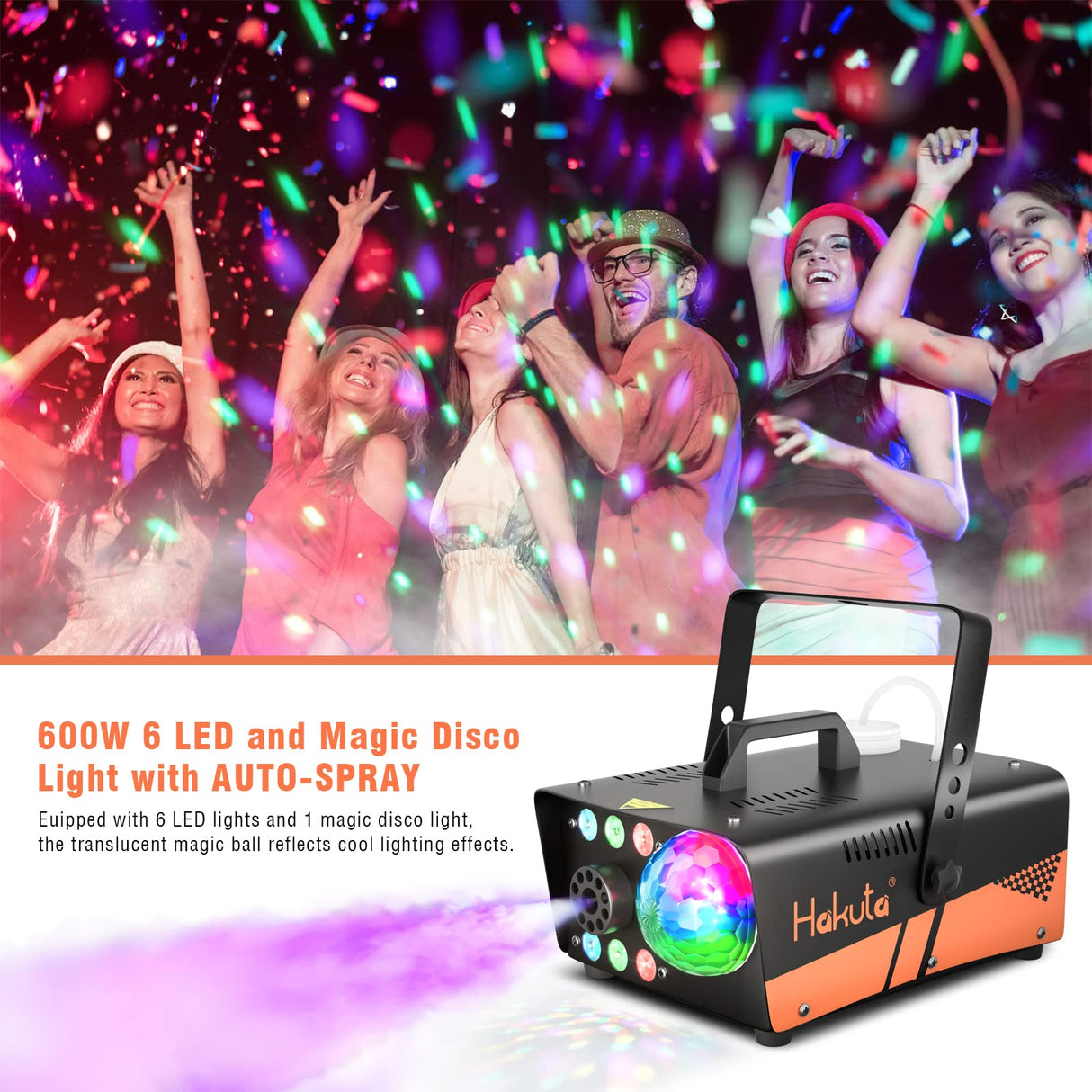 HAKUTA Fog Machine, Smoke Machine with Disco Ball Light and LED RGB Lights, 3000 CFM Spray with Auto Spray Function, Great for Halloween, Christmas, Wedding, Stage Performance and Parties