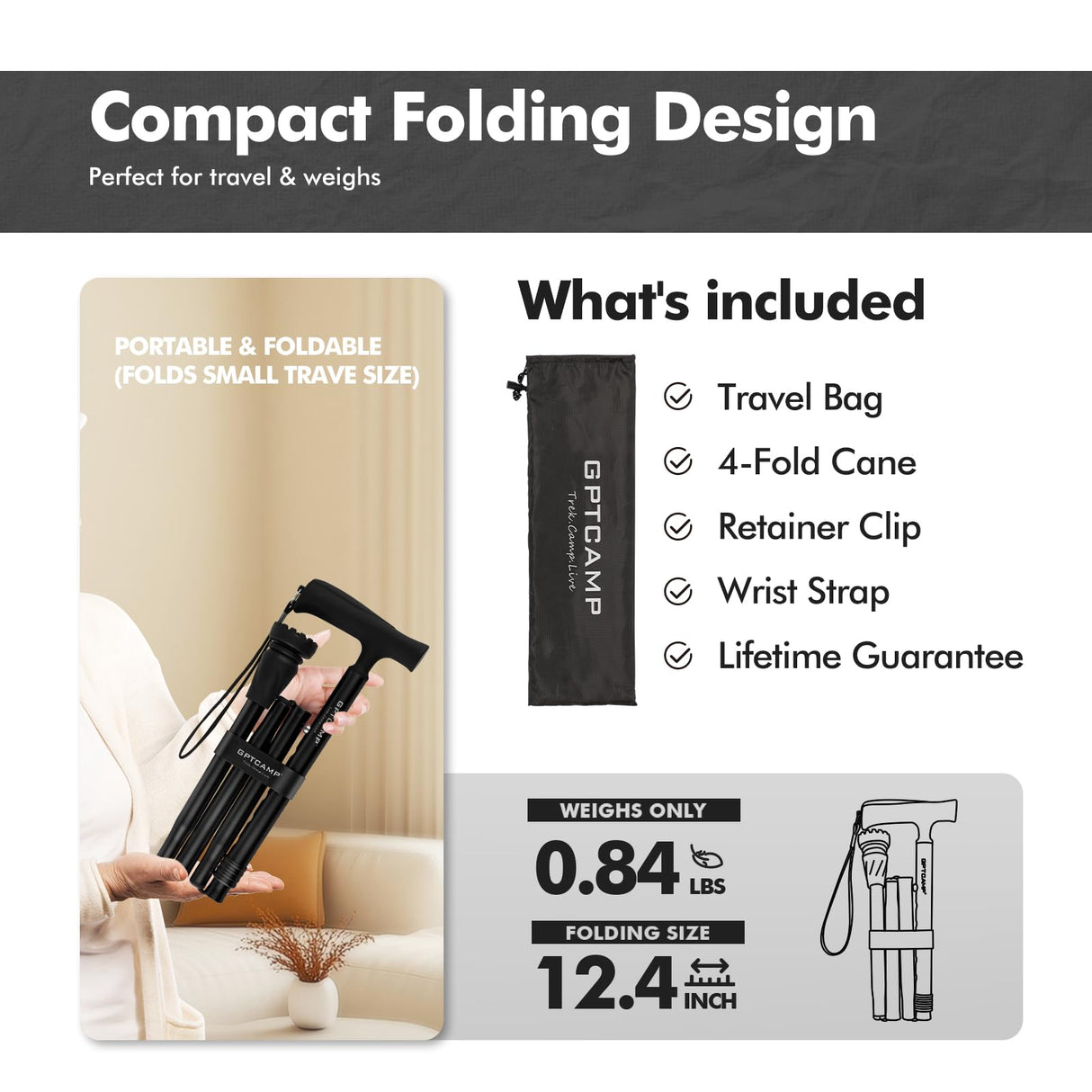 GPTCAMP G2 Walking Stick, Fold-up Walking Cane for Women and Men with Wrist Strap, Portable, Foldable, Collapsible, Lightweight and Sturdy with Comfortable T Handle