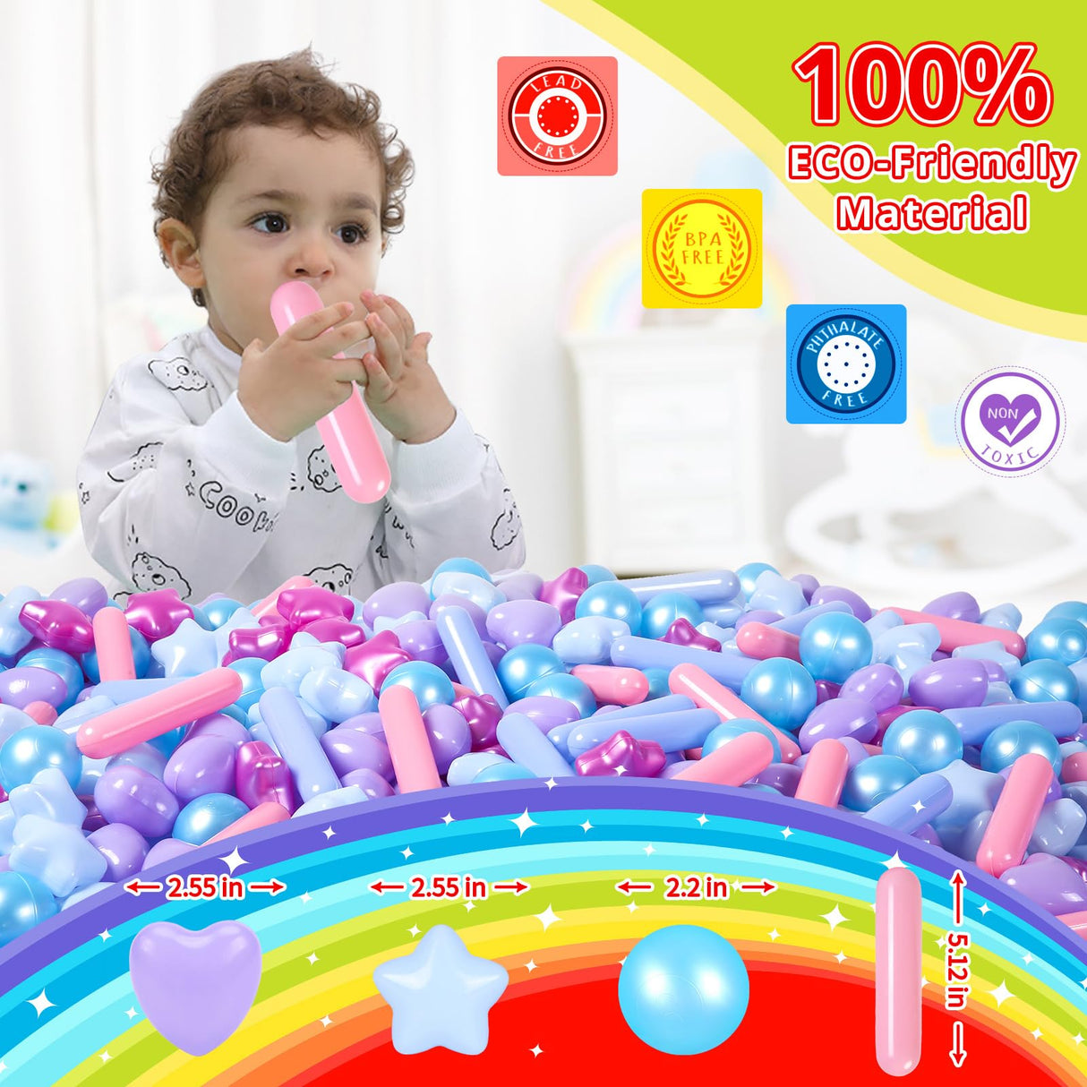 STARBOLO Ball Pit Balls - Pack of 150pcs Crush Proof Plastic Children's Toy Balls Mermaid Ocean Balls for Birthday Party Christmas Water Toy Indoor Outdoor(4 Shapes)