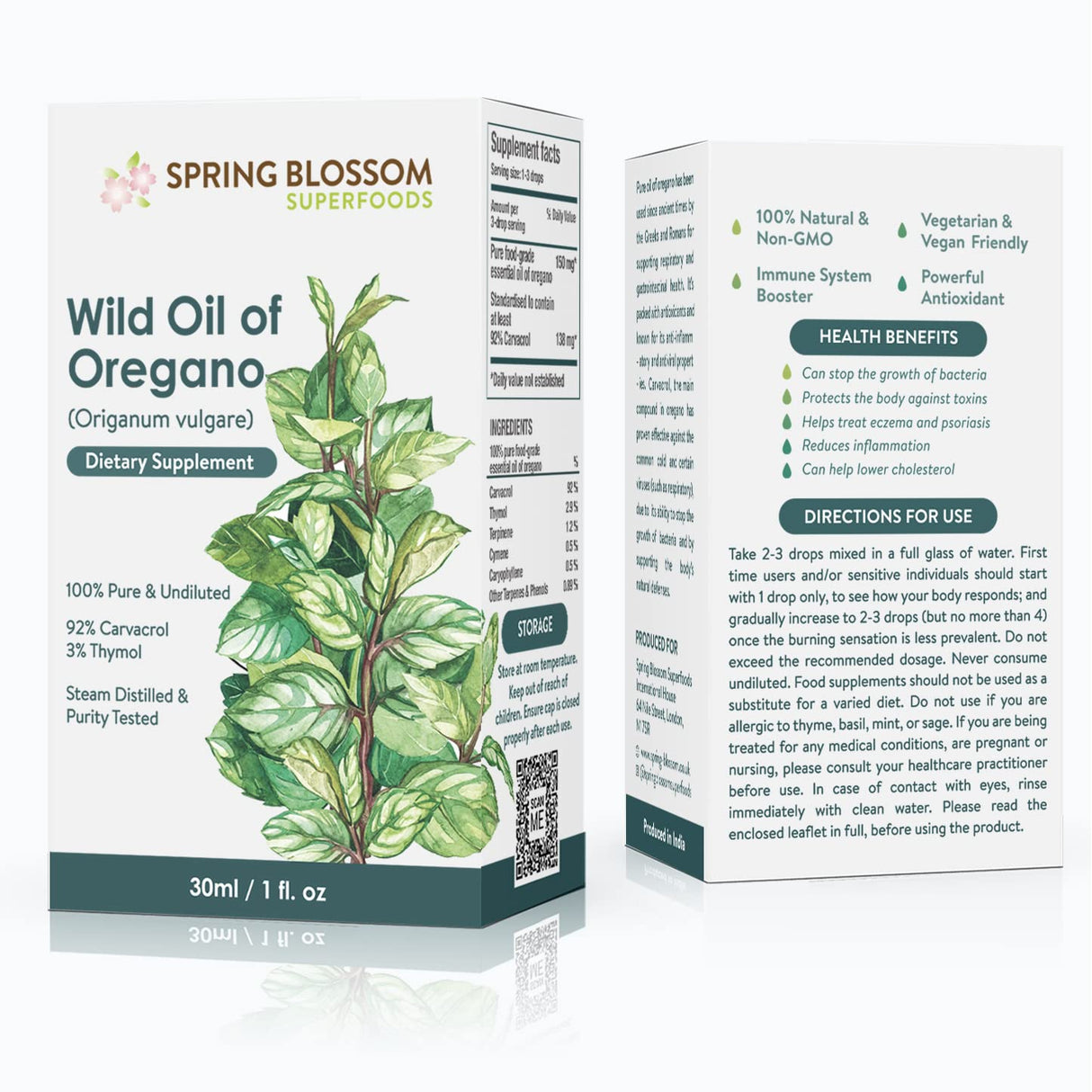 2 Pack 30ml Oregano Oil 100% Pure & Undiluted Min 92% Carvacrol Super-Strength Himalayan Essential Oil of Oregano (Origanum Vulgare) Highly Potent Immunity Booster for Cold, Cough, Sore Throat & Gut Health