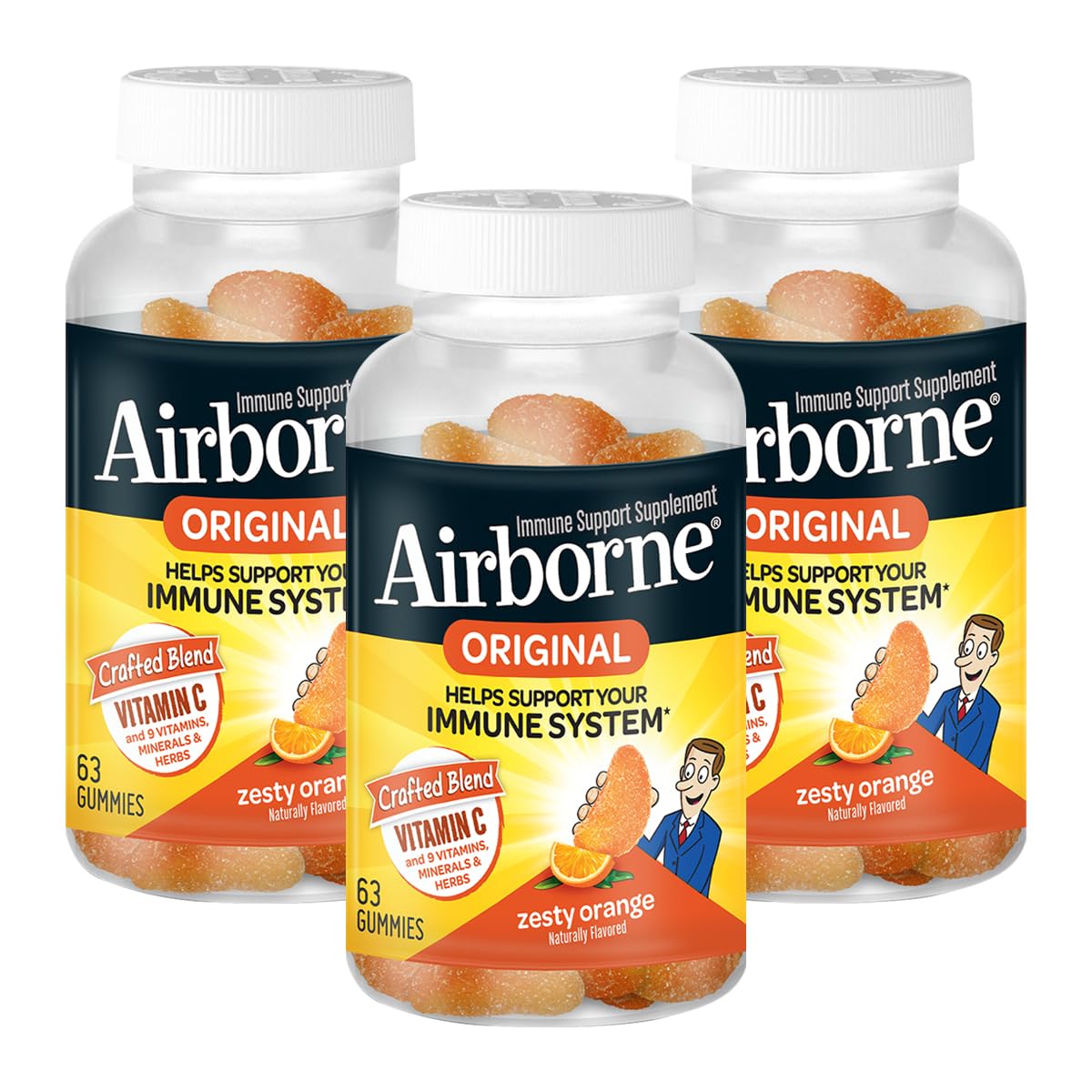 Airborne 750mg Vitamin C Immune Support Supplement Gummies for Adults, Zesty Orange Flavor, Gluten Free Crafted Blend with Powerful Antioxidants Vitamins A C & E, 63 Gummies (3 Pack)