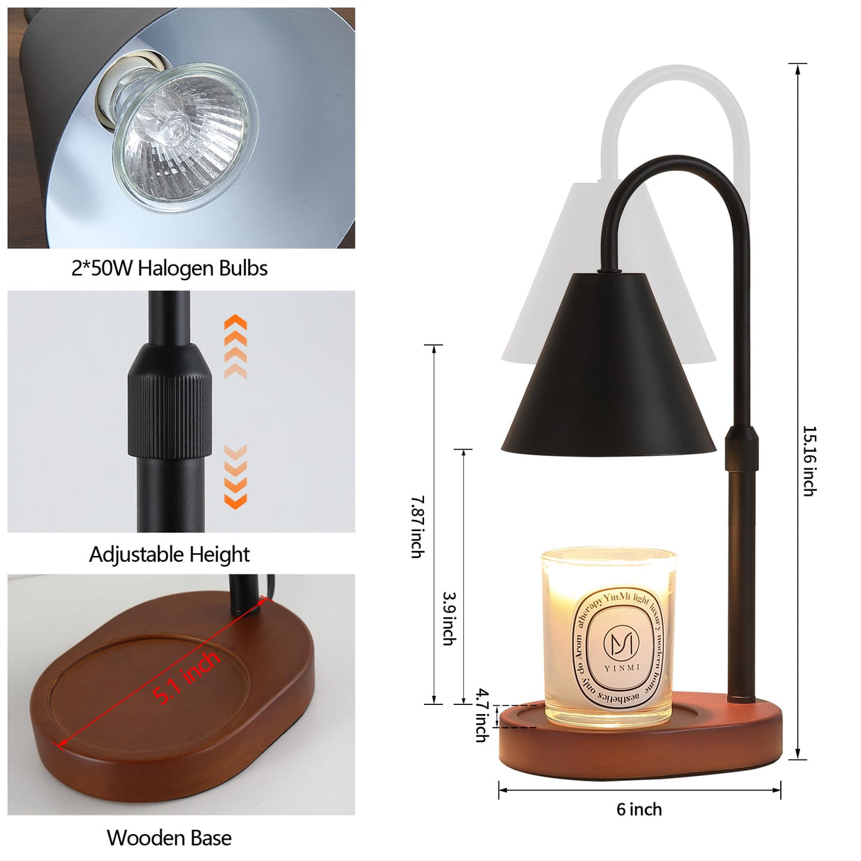 MEIXISUE Black Candle Warmer Lamp with Timer and Dimmer,Mother's Day/Birthday/Christmas Gifts for Mom/Wife,Electric Wax Melt Warmer,Home Decor,Scented Jar Lamp,Adjustable Height,with 2 Bulbs